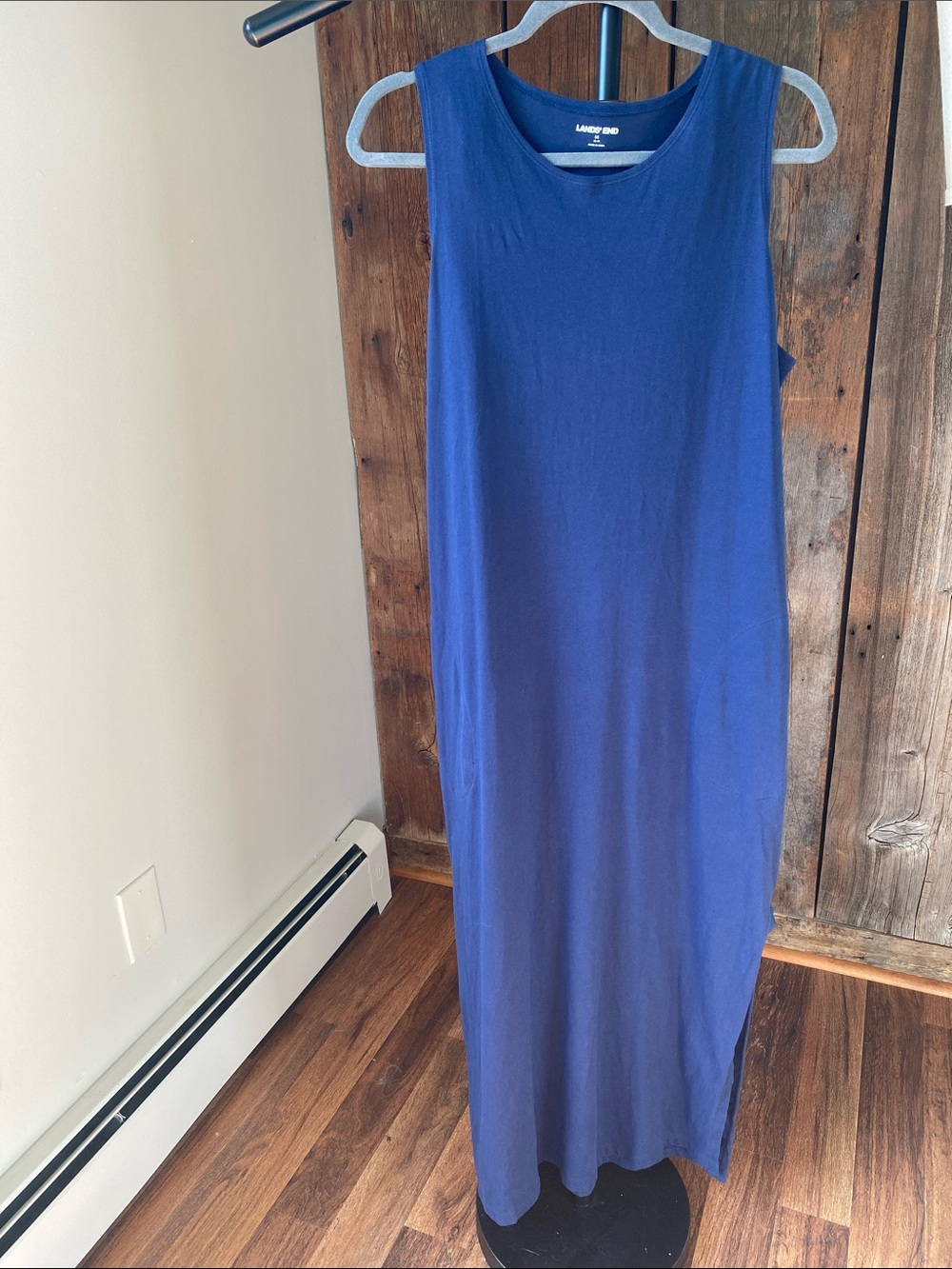 Lands End sleeveless maxi dress w pockets navy blue 100% cotton Sz M EUC